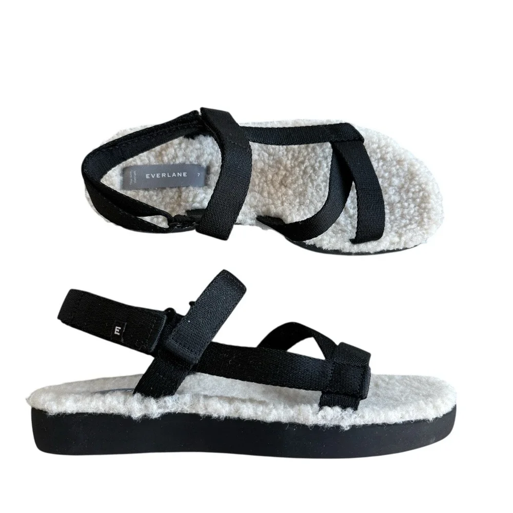 NIB Everlane Teddy sport sandal women's 7 faux fur lined black strappy cozy warm